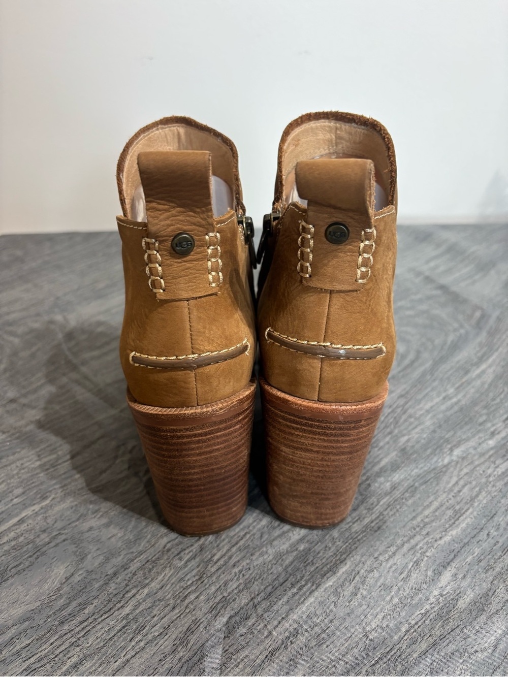UGG Pixley Chestnut Nubuck Leather Stacked Block Heel Ankle Boots Size 8 GUC - Picture 8 of 10